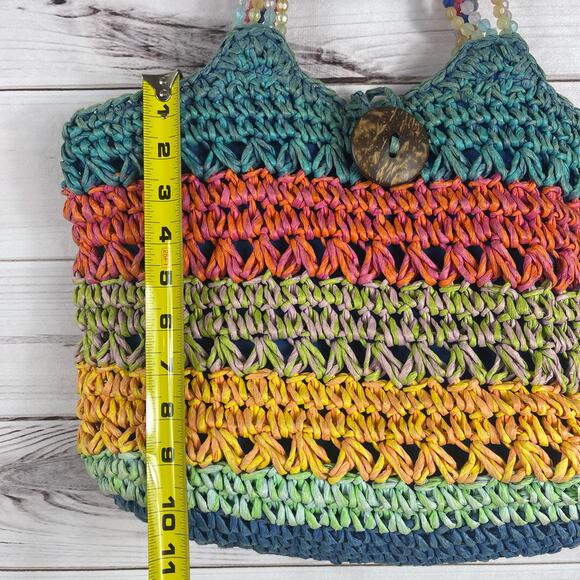 Cappelli Straworld Women's Handbag Tote Beaded Multicolored Wooden Button - Picture 8 of 11